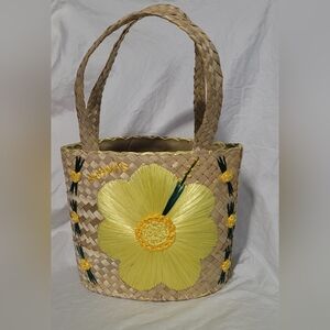 Bahamas Handmade Straw Floral Beach Bag Tote Basket Reed Wicker